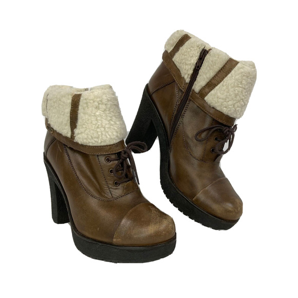 Diesel Boots Womens Sz 8 Brown Sherpa‎ Heel Ankle Lug Sole Lace Up - Picture 1 of 7